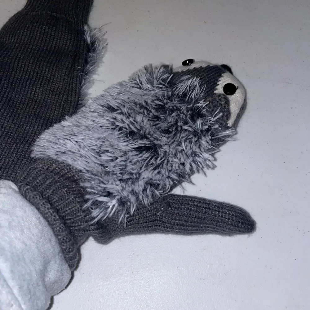Adorable Grey knitted mittens with fluffy faux fur and button eyes hedgehogs